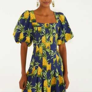 FARM RIO Delicate Pineapple Floral Puff Sleeve Dress Square Nexk Blue & Yellow